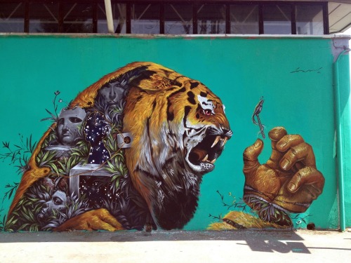 crossconnectmag:  Street art by Kraser  Spanish street artist, Kraser Tres, dresses our walls with bizarre tales, using a post-surrealistic language which can talk to everyone. Coming from Cartagena, his art tells absorbing stories. He distorts childish