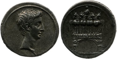 via-appia:Silver denarius, head of Octavian &amp; triumphal arch surmounted by quadriga, in whic