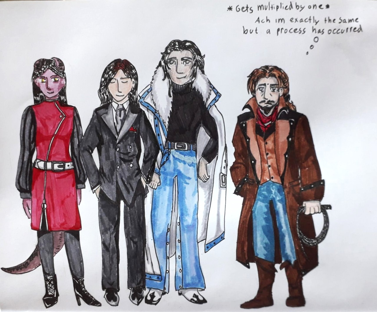 traditional drawing of 3 OC's dressed as Yoko, Arikado and Soma, and Julius, standing side by side