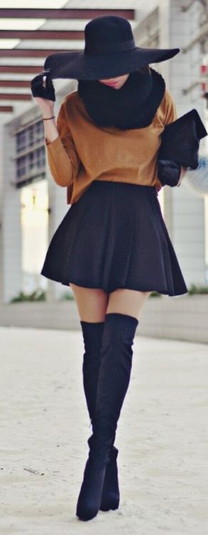 pleatedminiskirts: Pleated miniskirt and thigh high boots with a cool hat.