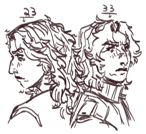 two versions of Patryck stand back to back. The one on the left has 23 above it, his face is scowled and tired. The one on the right has 33 above it, he's slightly aged and now has the red army uniform on, his face is also generally tired