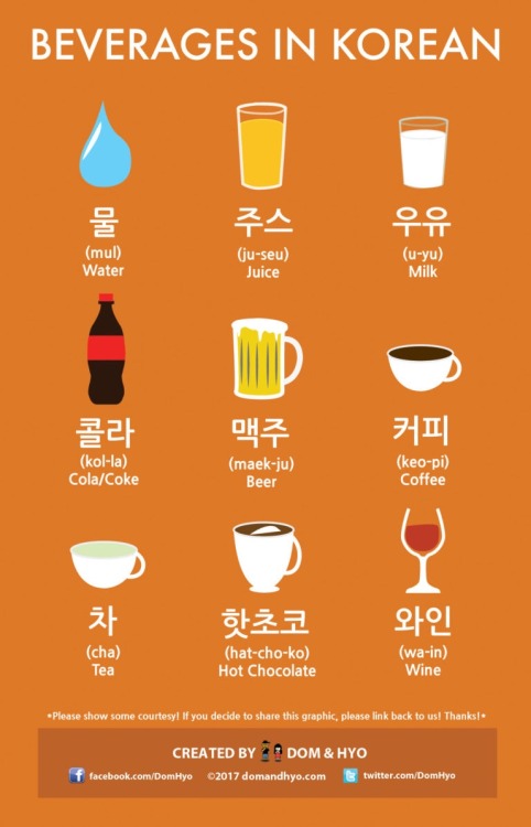 letslearnhangul: Beverages in Korean~ Just some common beverages in Korean!~ *remember to try and so