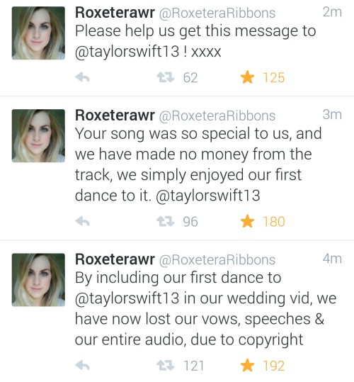 smarsh-1999:  @roseellendix & @roxeterawr lost their wedding video containing their vows and speeches because their first dance was to shake it off and now their whole video has been muted because of copyright!    @taylorswift please help them get