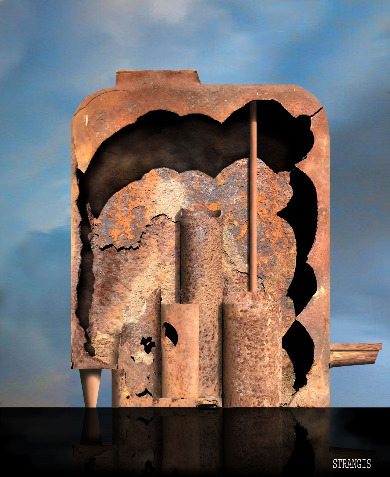 Torre oxidada 2020  Ciesterna de hierro fundido y fragmentos de tuberìaA.L.Moure Strangis #photography#drawing#composition #artists on tumblr #experimental forms