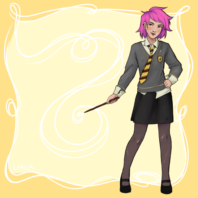drawing of Harry Potter character, Tonks in her teenage years, wearing Hufflepuff uniform with a few cuts and rips, she holds a wand in her hand, there is whte lines comming out of the wand creating a frame around the drawing. Background is yellow.