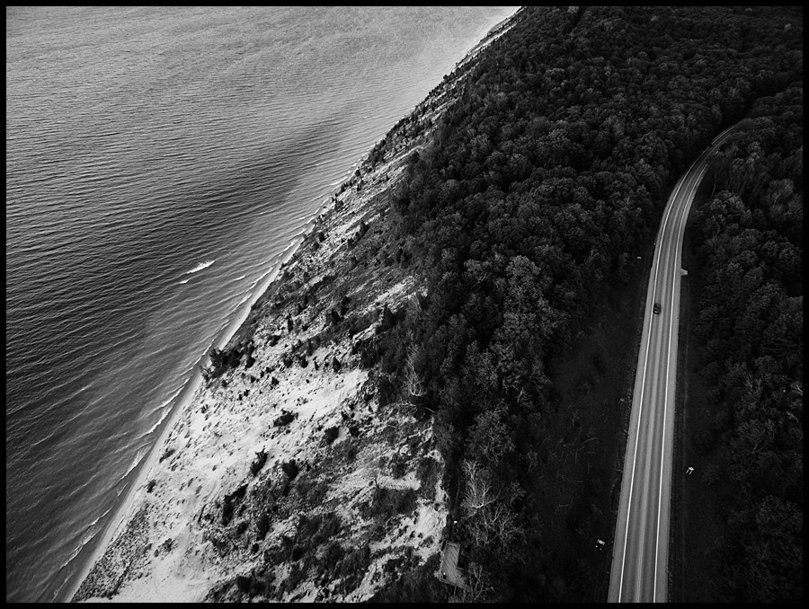 aerial blackandwhite michigan lake great lakes water trees drone dji