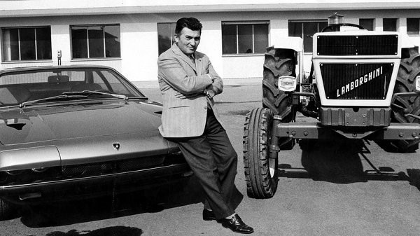 carversed:  Ferruccio Lamborghini standing with a Lamborghini Jarama and a Lamborghini