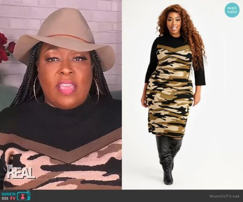 Loni’s camo colorblock dress on The Real Camo Block Sweater Dress by Ashley Stewart, $41.65 (w