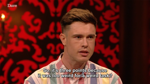 [ID: Two screencaps from Taskmaster. Ed Gamble says, “So, it’s three points because it was too weird