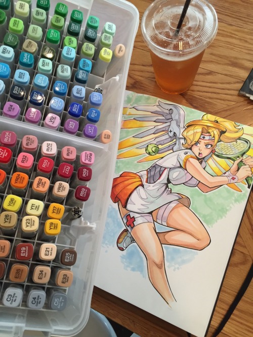 reiquintero:  Tennis Player Mercy!!! I thought this was a cute idea :)  This is my first color piece using my new Copic Markers (Thanks Patreon) , I had a roller coaster learning, experimenting and trying not to fuck it up!  I’m happy with the final