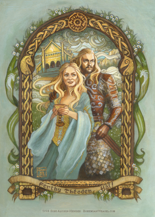 In memory of Théoden by Soni Alcorn-Hender. Éowyn and Éomer amid the simbelmynë at Meduseld. Acrylic