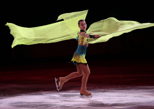 Gold Medalist Adelina Sotnikova of Mother Russia performed Rhythmic Gymnastics on ice at the Figure 