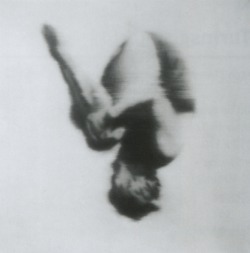 hauntedbystorytelling:    Gerhard Richter :: Turmspringerin II / High Diver II, 1965 / photo painting series, oil on canvas  / more [+] by this artist [source]