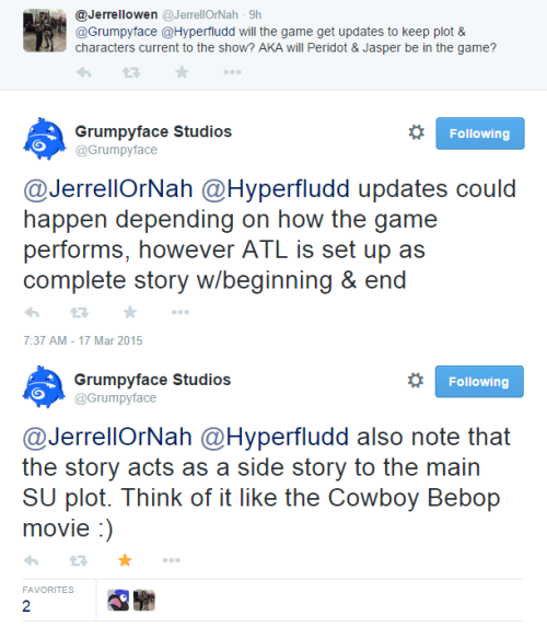 Some tweets from Grumpyface Studios about the upcoming Steven Universe app RPG Attack the Light