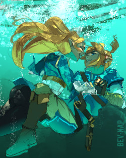 bev-nap: Zelda thought it would be funny to push Link in the lake…little did she know he would be dragging her with him!