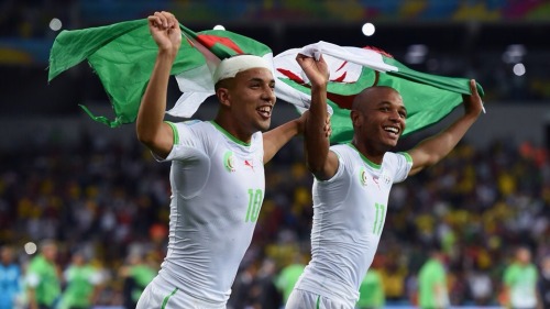 arab-gulf:  Fantastic Team- Algeria. Hero of Africa & Arabs. we hope they can reach to final.  Islam Slimani of Algeria celebrates scoring his team’s first goal during the 2014 FIFA World Cup Brazil Group H match between Algeria and Russia at Arena