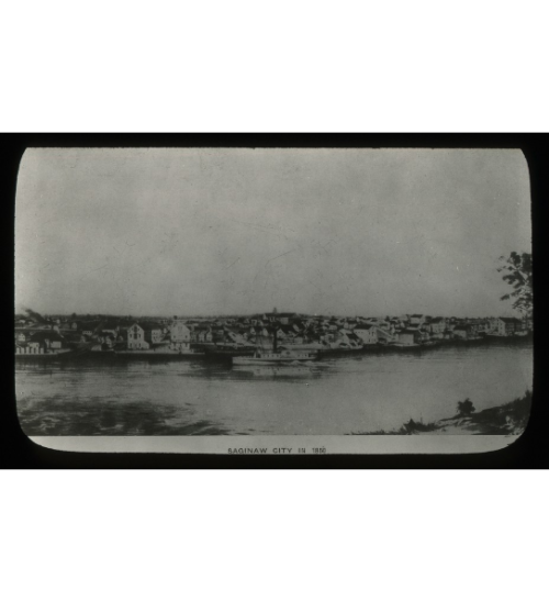 Black and white Lantern slide depicting a reproduction of a drawing of Saginaw City, Michigan in 185