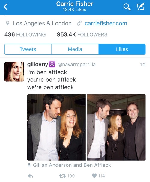 gillianandersonswife: Carrie Fisher fav’d these tweets and I’m FIEN First tweet… 