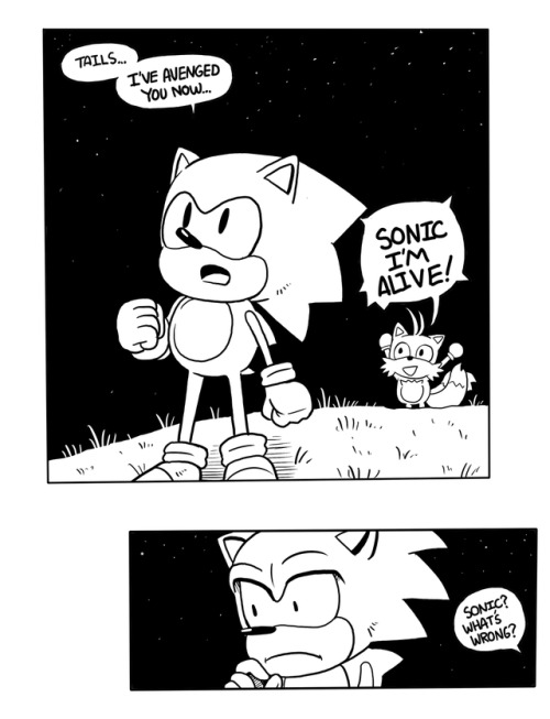 linesonwhite: I got a really good idea two nights ago and finished it up tonight.Originally this was just three pages, but while eating dinner, I got an idea for a fourth page, soooo HERE WE AREI just liked the idea of Sonic busting into Eggman’s house