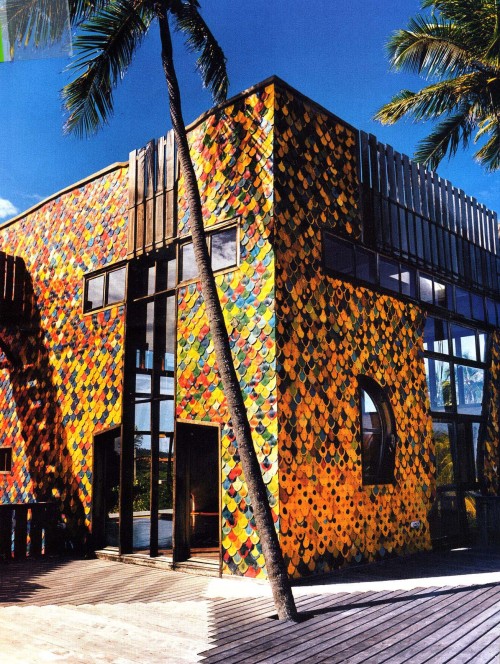 Gaetano Pesce and his pop-art inspired Bahia House in Brazil, 1998-2006. The two-story structure is 