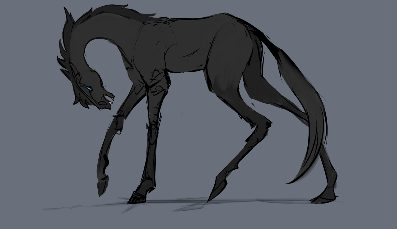 The same black horse as the previous illusion, but this one's legs and neck are stretched and distorted to horrifying proportions.