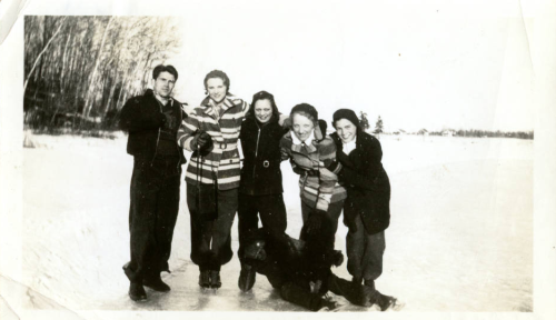 Civilian Conservation Corps Camp 657, Two recruits and four young women ice skate on Otter Lake, Elc