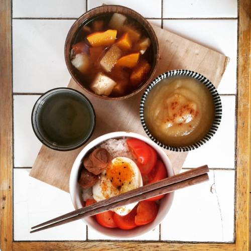 Easy quick lunch with miso soup (pumpkin tofu turnip), rice bowl (egg tomato umeboshi), applesauce a