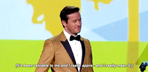 wantedyoutoknow: lovetheawesomeness:robbieamell: Timothée Chalamet thanking Armie Hammer during his 