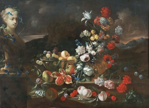 Giuseppe Ruoppolo (1631 - 1710)&ldquo;Shoot of various flowers with pomegranates, peaches, grapes, c