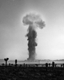 humanoidhistory:  TODAY IN HISTORY: A mushroom cloud rises over the Nevada desert in the 12-kiloton “Newton” nuclear test on September 16, 1957, part of Operation Plumbbob. (Department of Energy)   They actually used to throw parties in Vegas when