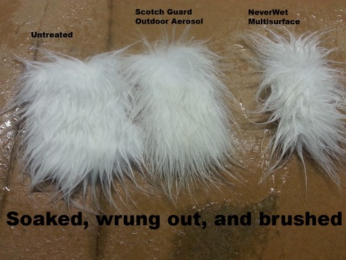 I was re-waterproofing my jacket when I get an idea. I grabbed some fur swatches I had laying around, applied the two different hydrophobic coatings that I was using, and tested the results. I did have to part the fur and brush the coatings in with an