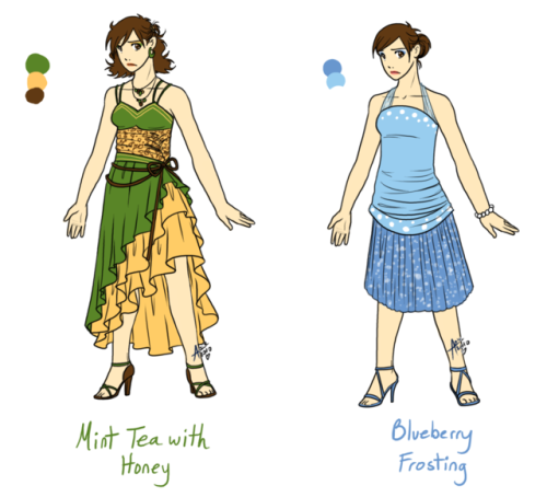 Dresses designed for the group event alluded to here.They’re all based on delicious foods because am