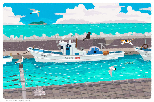 イラストレーター森俊憲が描く、猫のイラスト『たびねこ』シリーズの新作です。日本海の小さな漁港で、夏の一日を過ごす猫達を描きました。このイラストを使ったカレンダーやポストカードはminneで販売していま