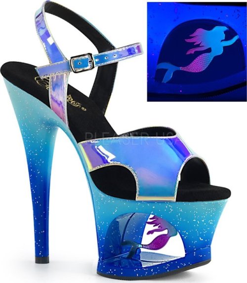 🧜🏻‍♀️🧜🏻‍♀️💙💙7" Heel, 2 ¾" Cut-Out Platform🧜🏻‍♀️🧜🏻‍♀️💙💙
Introducing the MOON-711MER Blue Shifting TPU/BLUE OMBRE. Ankle Strap Sandal Featuring Blacklight Reactive Swimming Mermaid Inside the Platform Cutout and Mini Iridescent Glitters on the Entire...