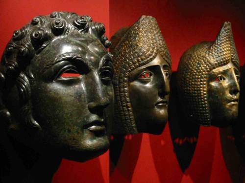 hismarmorealcalm:Roman Alexander and Female Face Mask Helmets Late 2nd - 3rd century Straubing