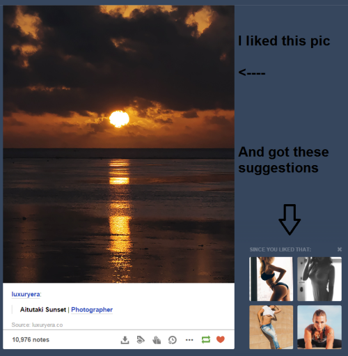 Tumblr’s new “If you liked this” feature is giving me some interesting landscapes … I liked this beautiful sunset - it suggests to me boobs. Really, staff ??? Really?!? You give us this and not the ability to fully block other