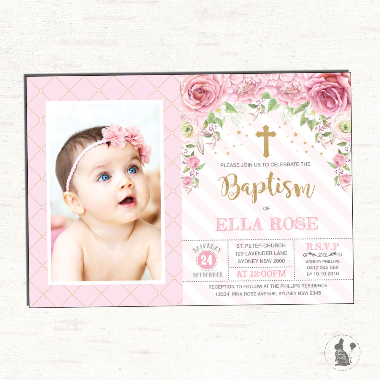 Blue Bunny Printables — Girl Baptism Invitation. Pink Gold Christening...