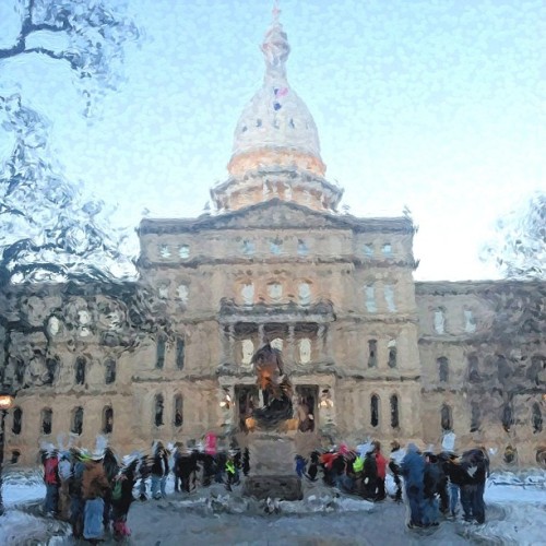 Today&rsquo;s greeting/shaming of the legislature as told by my iPhone. #union #michigan used #p