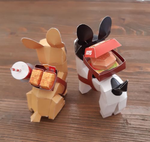 megaceros:megaceros:just finished these lads -1/3 scale papercraft miniatures from my delvery dog collectioncontinuing with these 2 french bulldogs delivering french fries (gettit?)
