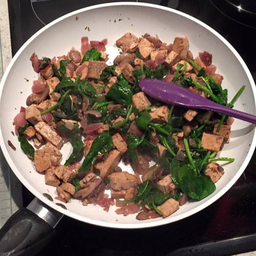 Tonight's Dinner: Tofu Cooked With Red Onion, Mushrooms And Spinach With Balsamic Vinegar To Add Flavour