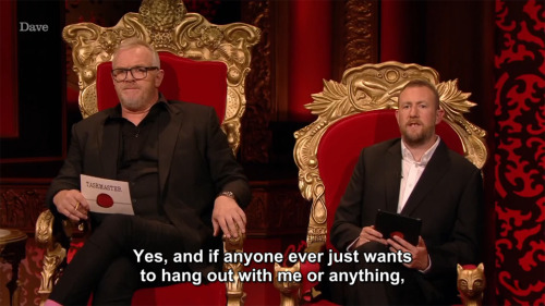 [ID: Three screencaps from Taskmaster. Pointing sternly at the camera, Greg Davies says, “Thank you 