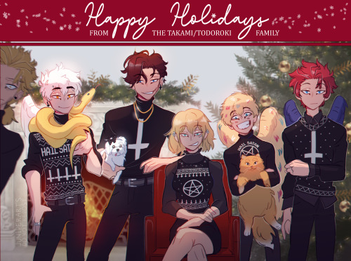 Happy Holidays from Hawks and the emochickens! (and Dabi) ❄️Hawks just wanted to take some nice fami
