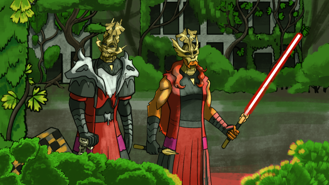 2 people walk through an abandoned city completely overgrown with greenery. They are dressed in red coats and long skirts and golden masks with crests. the one walking in the front has the sleeves of her coat removed to reveal buff arms and is holding a red lightsaber.