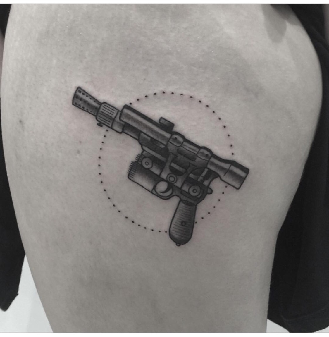 1337tattoos:  Hans solos blaster by Jamie Eddy (jamieeddytattoo) at Valley Ink in