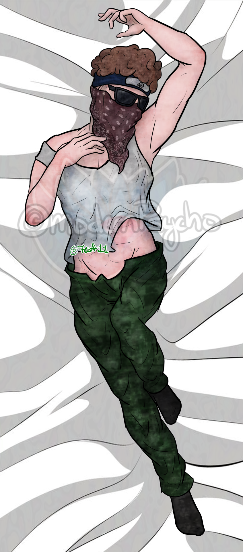 A body pillow made for my buddy @7eaf11 (who is not a fictional character. He's a real dude and he's okay with the fanart I made for him. Don't be weird about it)
(Also I stole the background image from Google)