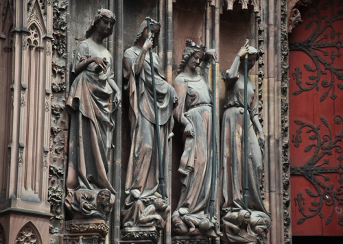 Gothic female sculptures on Cathedral of Strasbourg’s facade, c. 13th-14th century