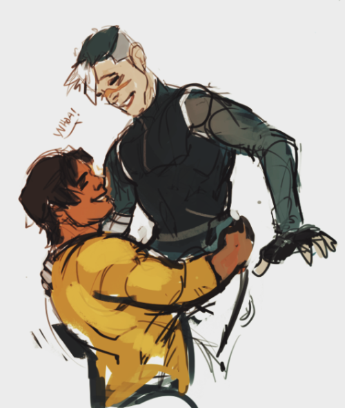 jasjuliet:Lance and Hunk, the original BROTP, and Shiro getting a post-battle victory hoist!!! Also,