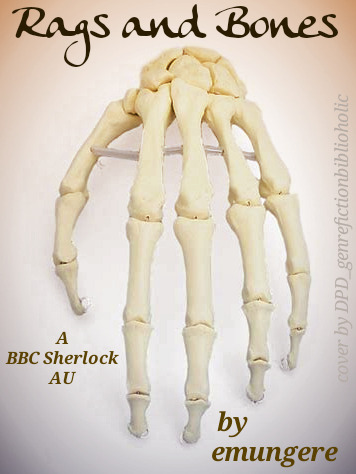 The wired skeleton of a human hand, with title, author, fandom, and cover-designer text overlay