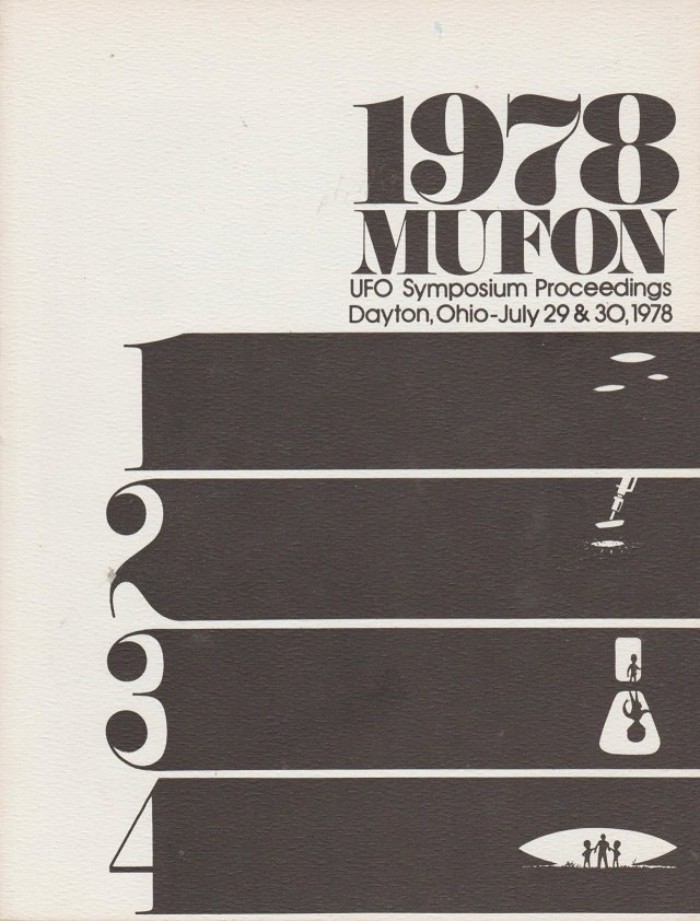 Title: 1978 Mufon UFO Symposium Proceedings. The cover is white, with an illustration depicting four types of close encounter: UFOs in the sky for the first kind, a landing leg leaving a footprint for the second, an alien in a doorway for the third, and two aliens holding a human in front of their ship for the fourth.