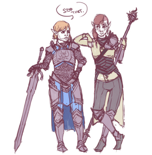 I would do what the Warden says, Lavellan. She didn’t kill the Archdemon with kindness.So I just got this idea that Inquisitor Lavellan would be taller than my Warden and totally would just lean on the warden a lot because she’s an ass so